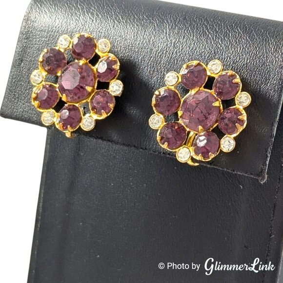 Vintage 30s 40s Coro Purple Rhinestone Flower Gold Tone Screw Back Earrings - Picture 3 of 10